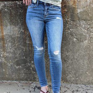 Risen Midrise Medium Wash Skinny Jeans